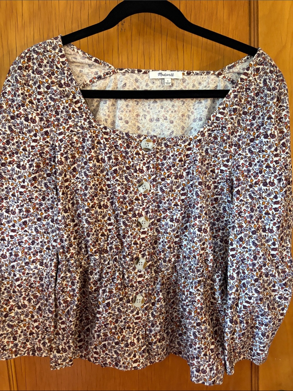 Madewell Floral Button-Front Top in Cream and Brown Corduroy